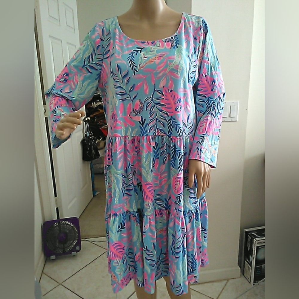 Lilly Pulitzer Blue Tropical Print Long Sleeve Tiered Dress